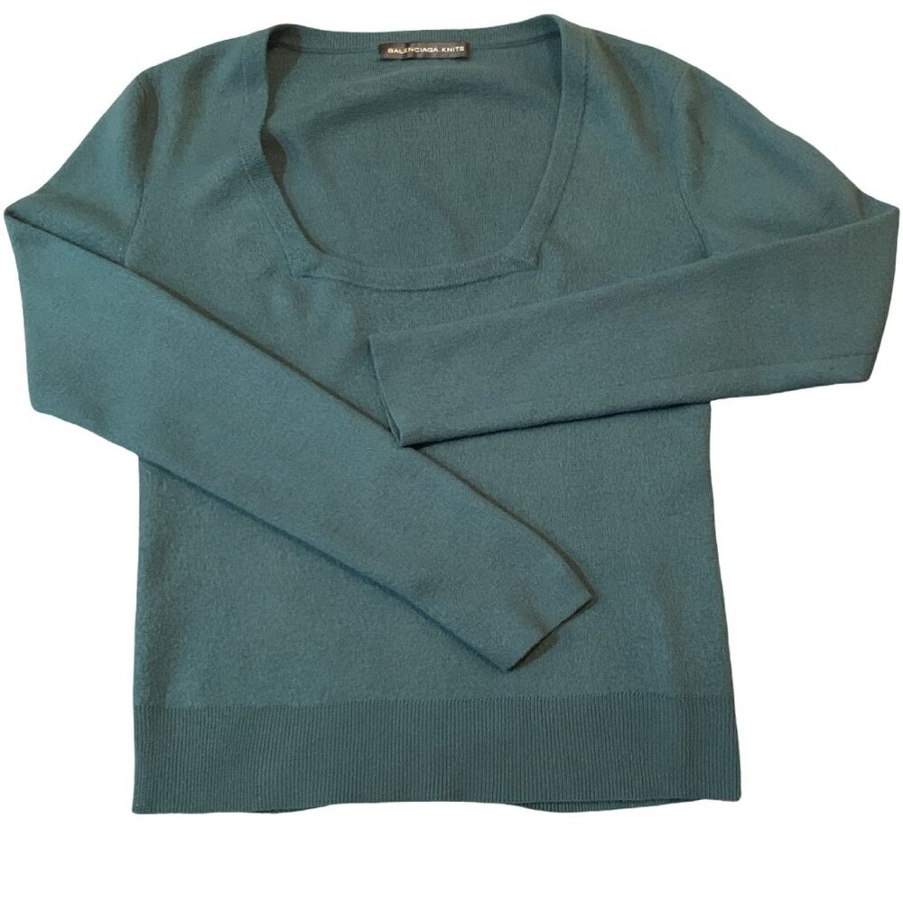 Balenciaga Knits Green Square Neck 100% Wool Sweater Sz 42 -S/M See Measurement - Picture 4 of 8
